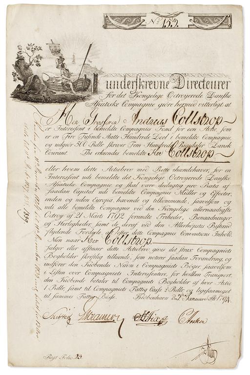 A share certificate of the Danish East India Company, no 153, dated 2 January 1794, 24 April 1838, 11 December 1840, 11 June 1841 and 1845.