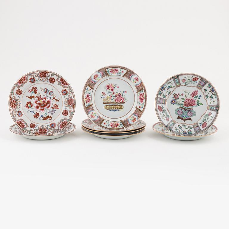 A group of eight Chinese famille rose plates, Qing dynasty, Yongzheng (1723-35).