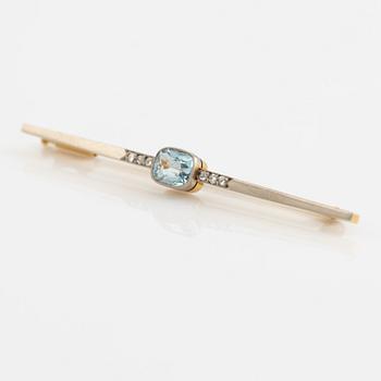 Cushion shaped aquamarine and rose cut diamond pin brooch, Strömdahls,
