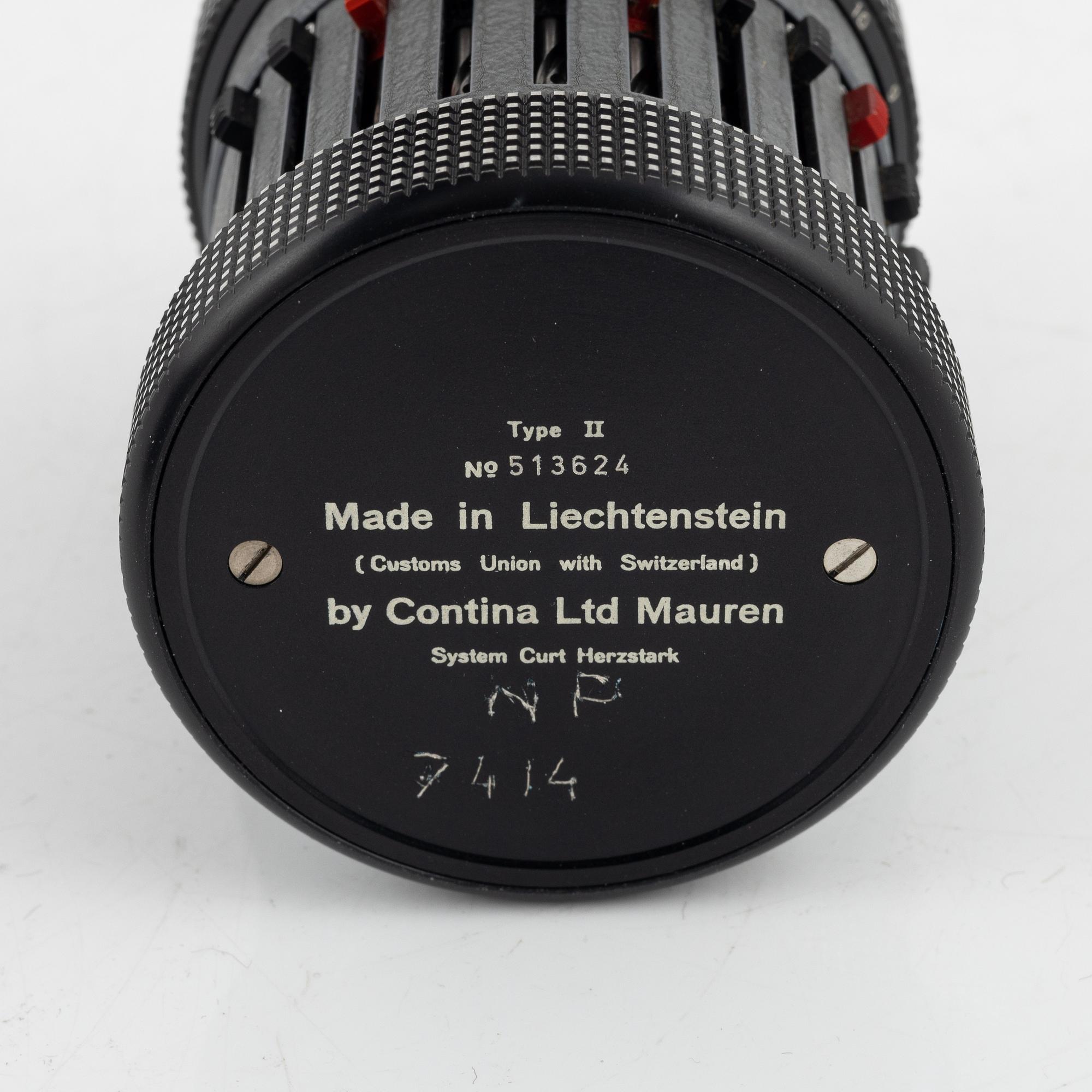 A mechanical calculator, Curta type II, Contina Ltd, after 1954.