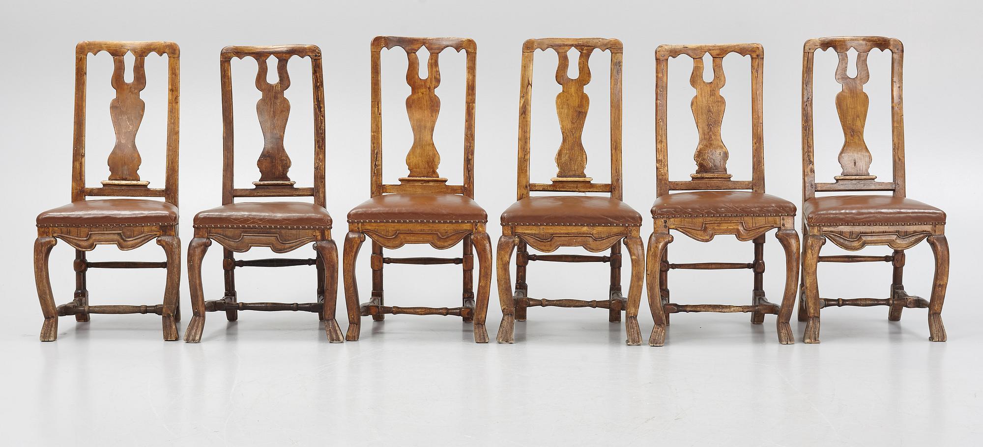 A set of six late baroque chairs, first part of the 18th century,