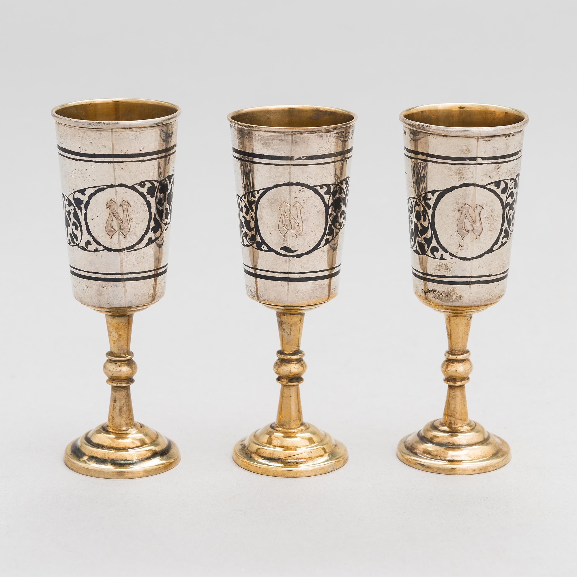 Servisdelar, 6 st, Kubachi, niello, silver, delvis förgyllt, Ryssland 1960-tal.