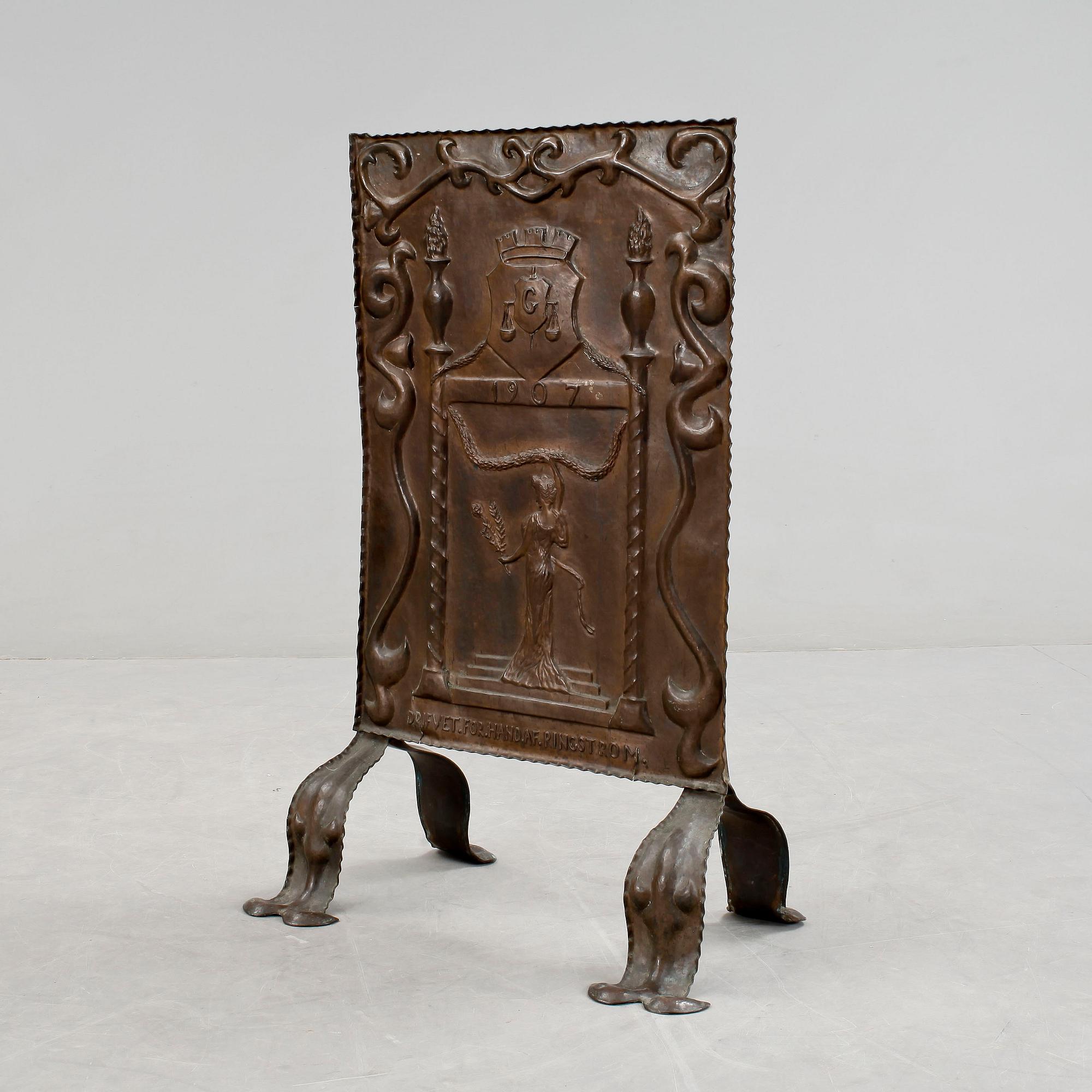 ELDSKÄRM, driven koppar, jugend, Ringström, 1907.