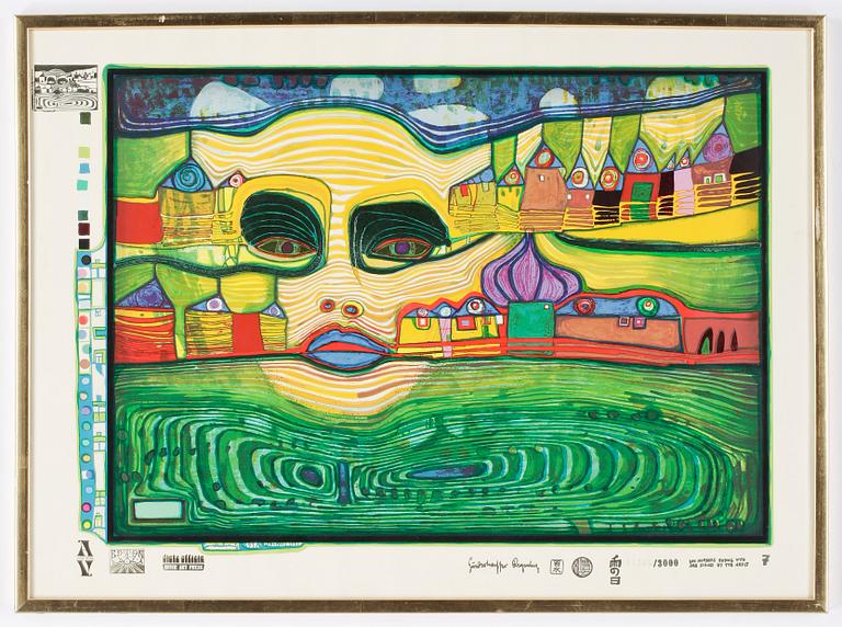 FRIEDENSREICH HUNDERTWASSER, färgseriegrafi, stämpelsignerad och stämpelnumrerad 01545/3000.