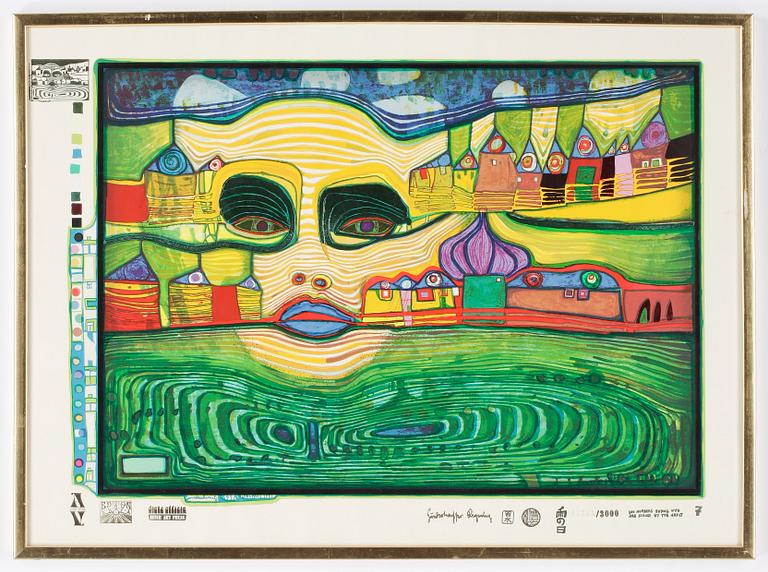 FRIEDENSREICH HUNDERTWASSER, färgseriegrafi, stämpelsignerad och stämpelnumrerad 01545/3000.