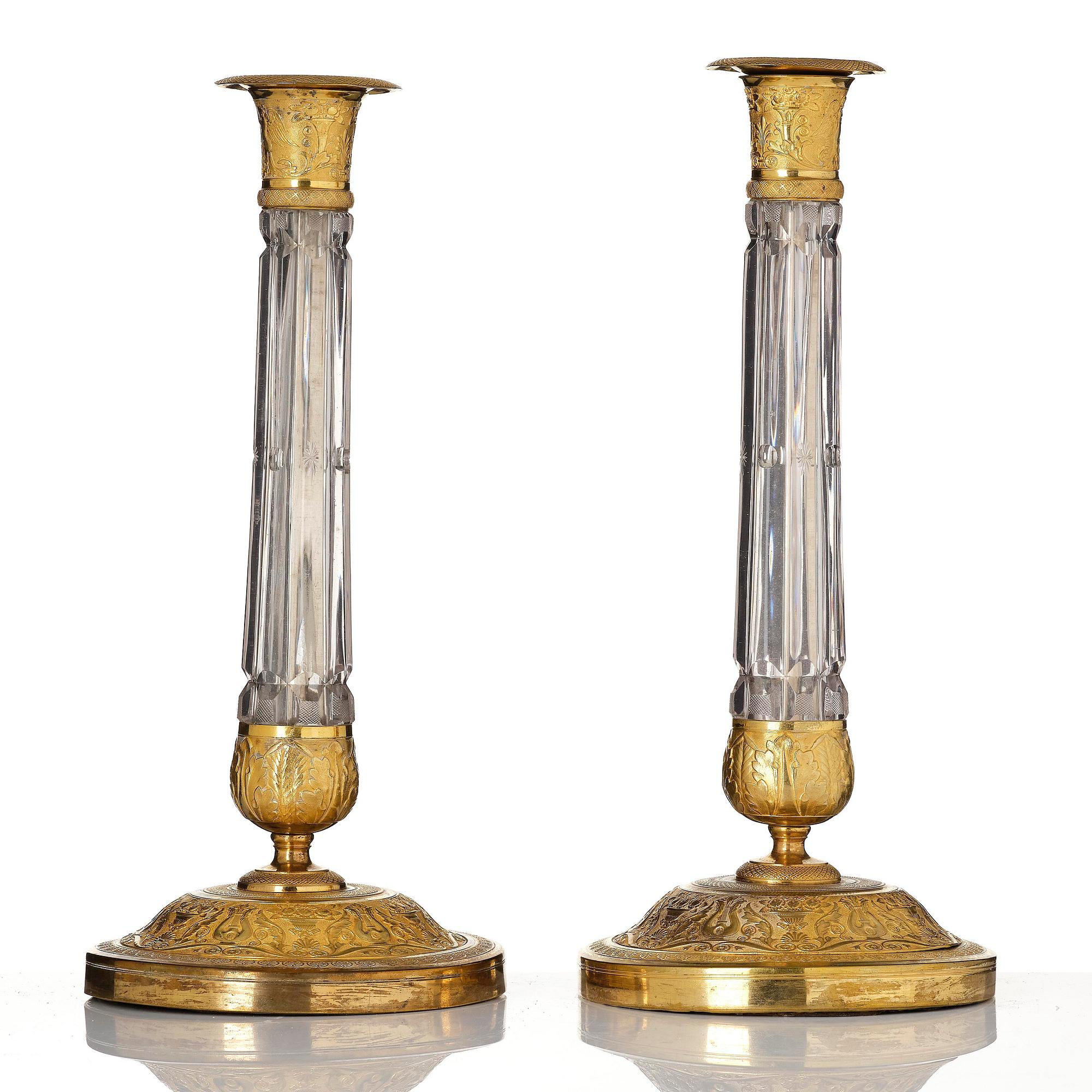 A pair of Russian ormolu and cut-glass Empire candlesticks, presumably St Petersburg, ca 1820.