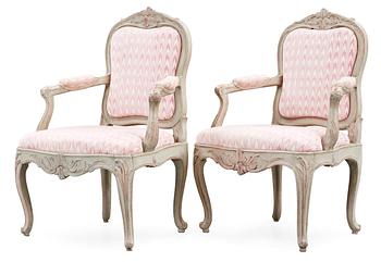 A pair of Swedish Rococo 18th Century armchairs.