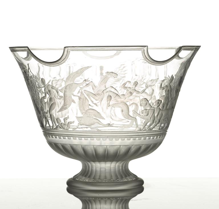 Simon Gate, a Swedish Grace engraved "Bacchus" bowl, Orrefors, Sweden 1926, engraved by Arthur Diessner.