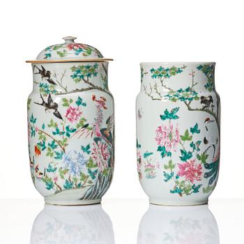 A pair of Chinese famille rose vases, 20th Century with seal mark in red.