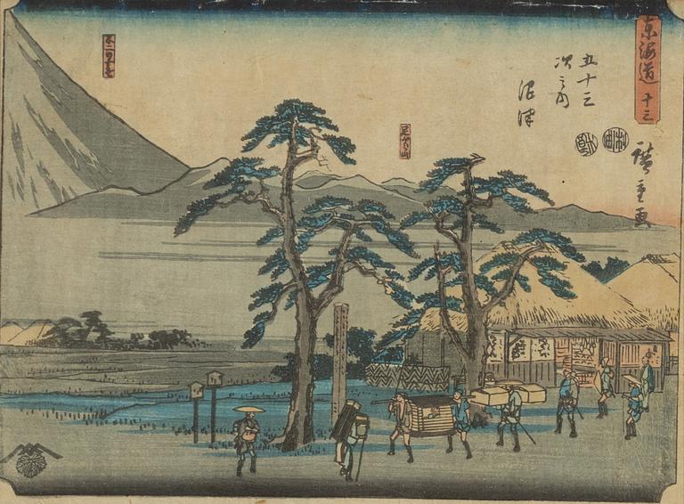 Katsushika Hokusai, efter, och Ando Utagawa Hiroshige, färgträsnitt, 2st, Japan, 18/1900-tal.