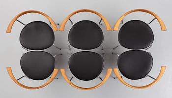 Hans J. Wegner, a set of six "JH-701" oak and black leather chairs by Johannes Hansen, Denmark.