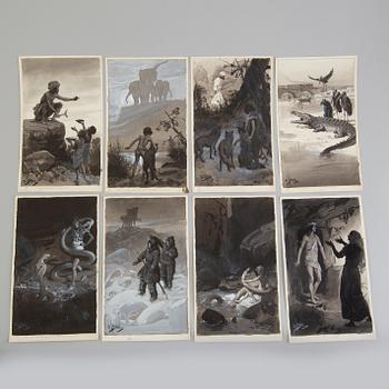 DAVID LJUNGDAHL, illustrationer, 8 st, tusch och täckvitt, signerade D. Ljungdahl. "Den andra djungelboken".