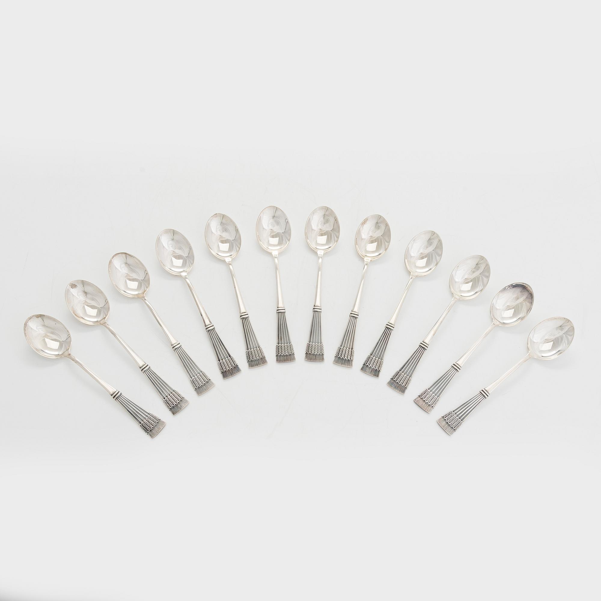 Mauno Honkanen, A 12-piece set of silver coffee spoons "Tähkä", Tillander, Helsinki 1963.