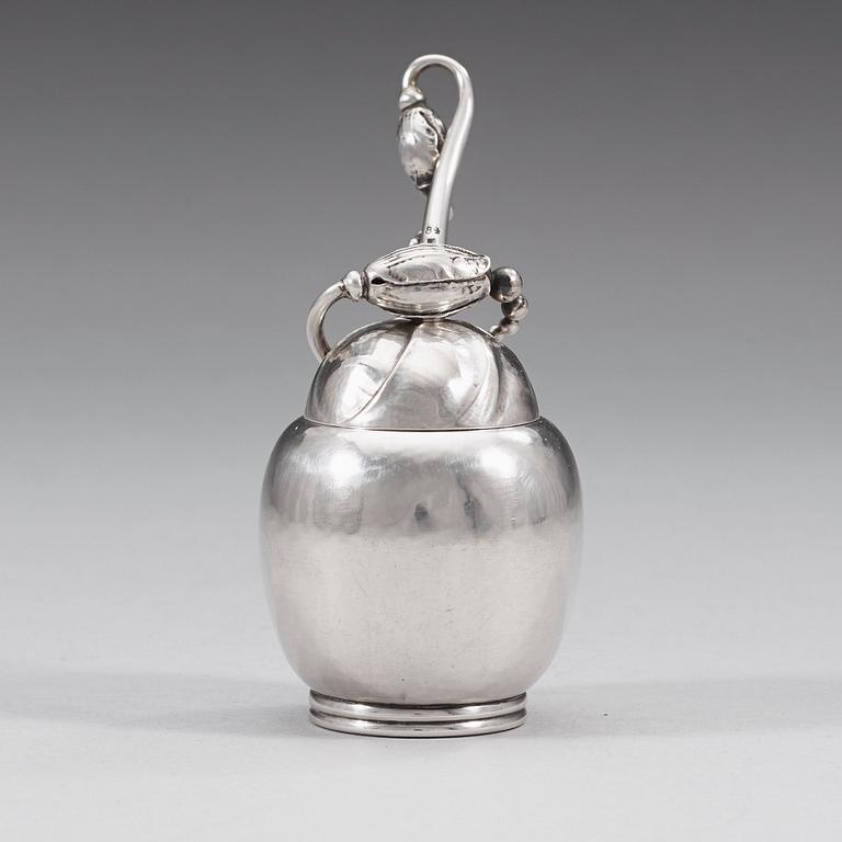 A Georg Jensen 'Blossom' sterling mustard jar with spoon, Copenhagen 1933-44.