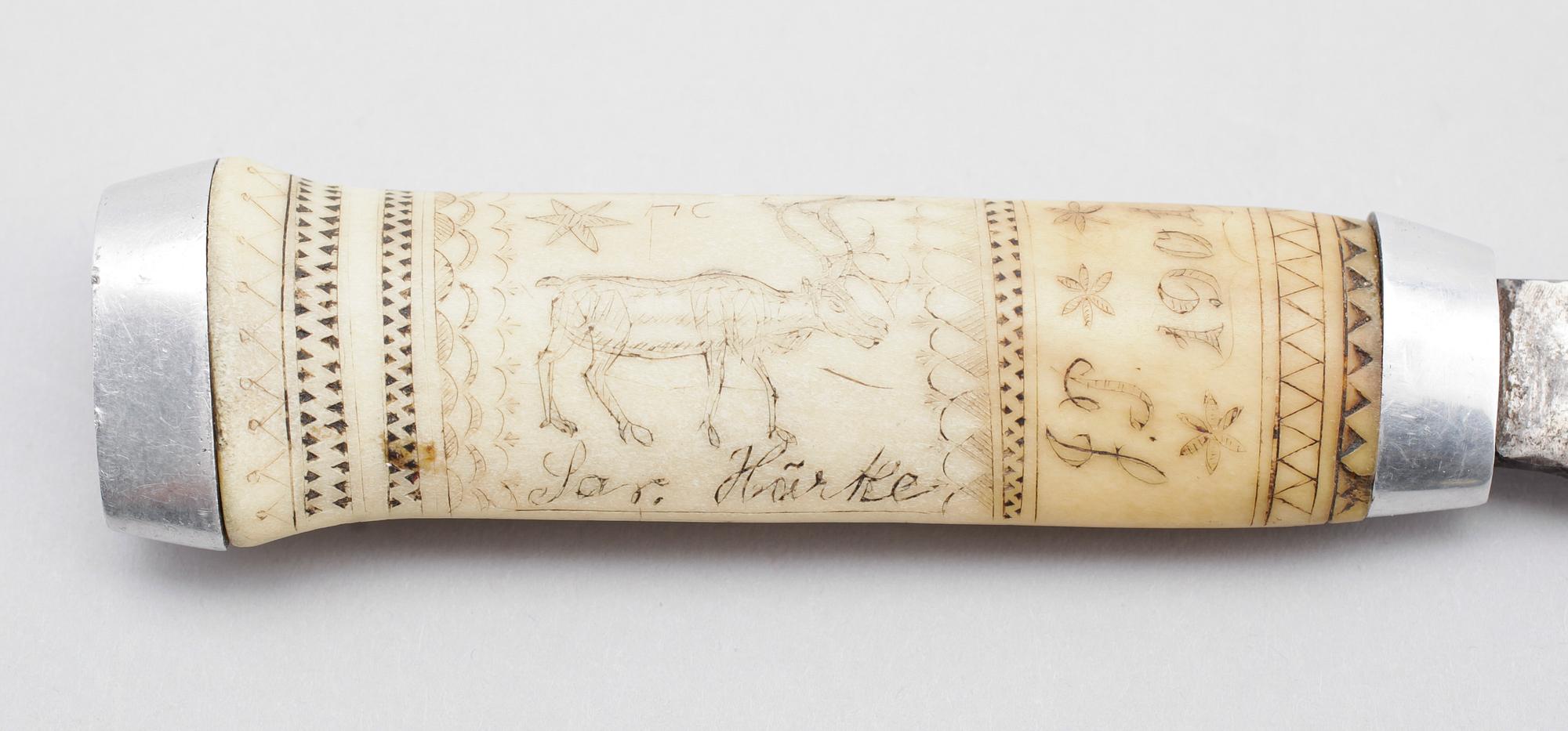 SAMEKNIV, Jon Pålsson Fankki (1880-1961), Kaitum, signerad JP och daterad 1901.