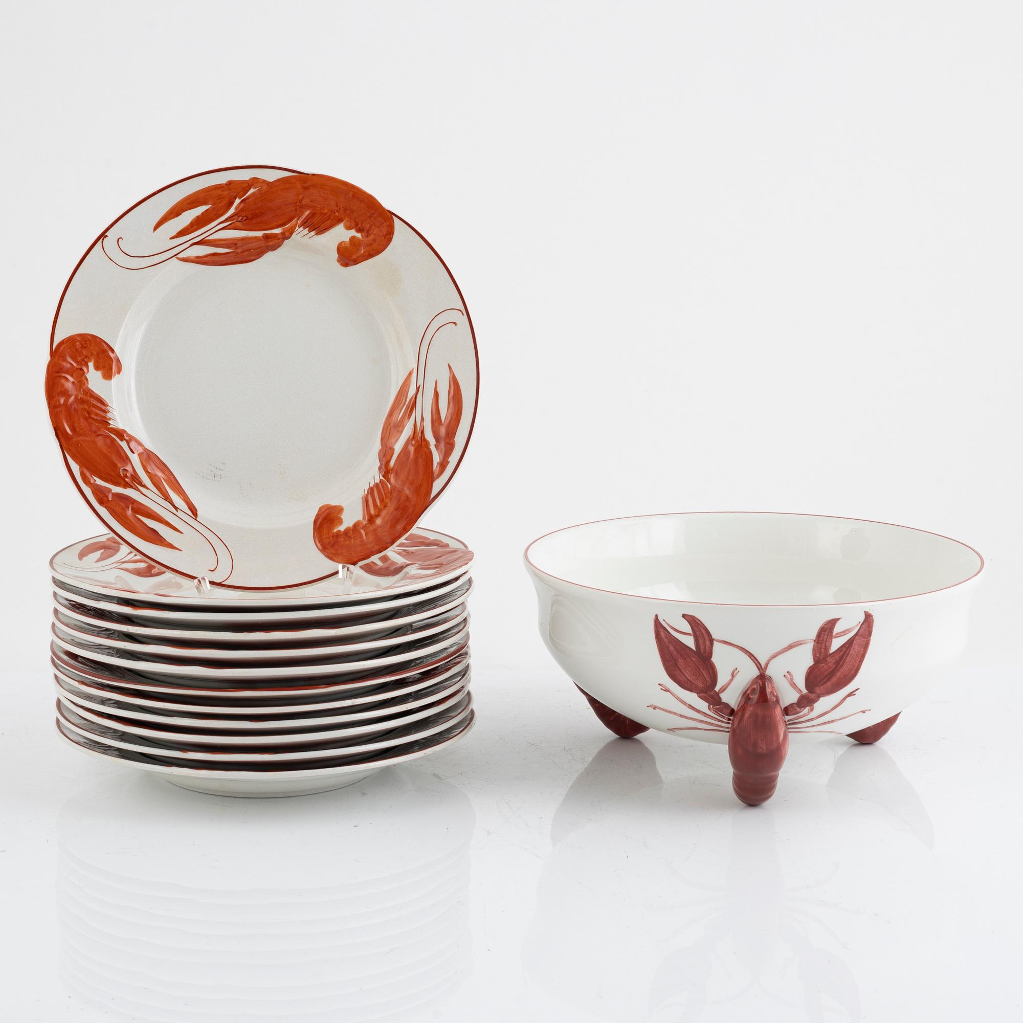 Alf Wallander, crayfish service, 13 pieces, earthenware, Rörstrand.