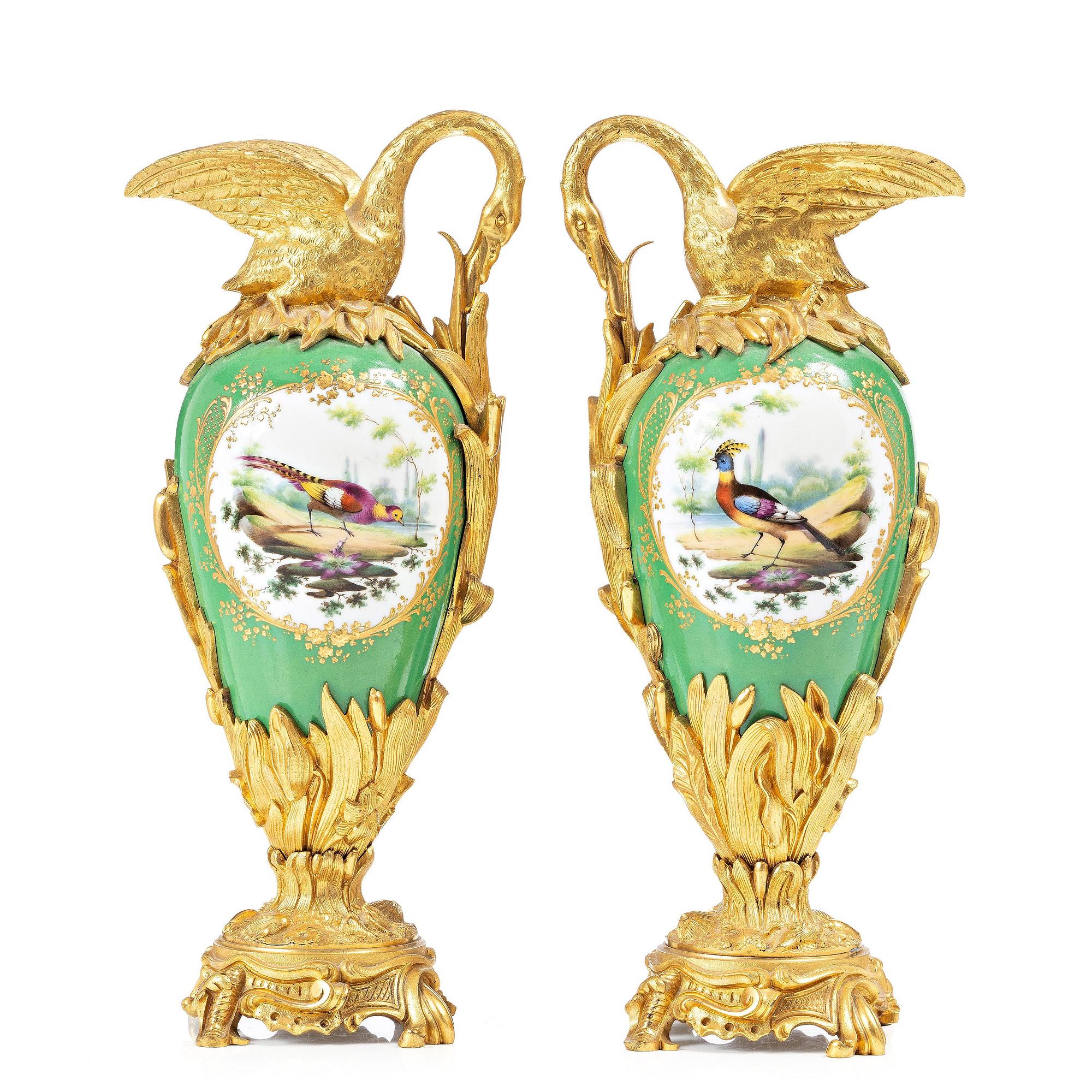 A pair of Louis XV-style gilt bronze and porcelain decorative ewers, France, later part 19th century.