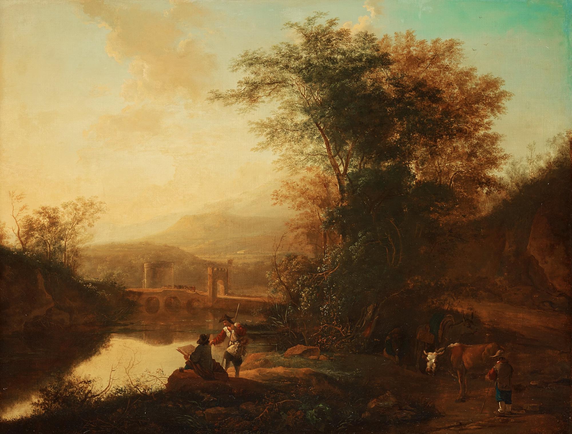 Jan Dirksz Both Hans efterföljd, Italienskt landskap med figurer och kreatur.