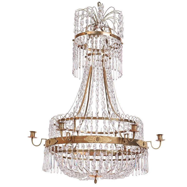 A late Gustavian gilt-brass and cut glass seven-light chandelier, circa 1800.