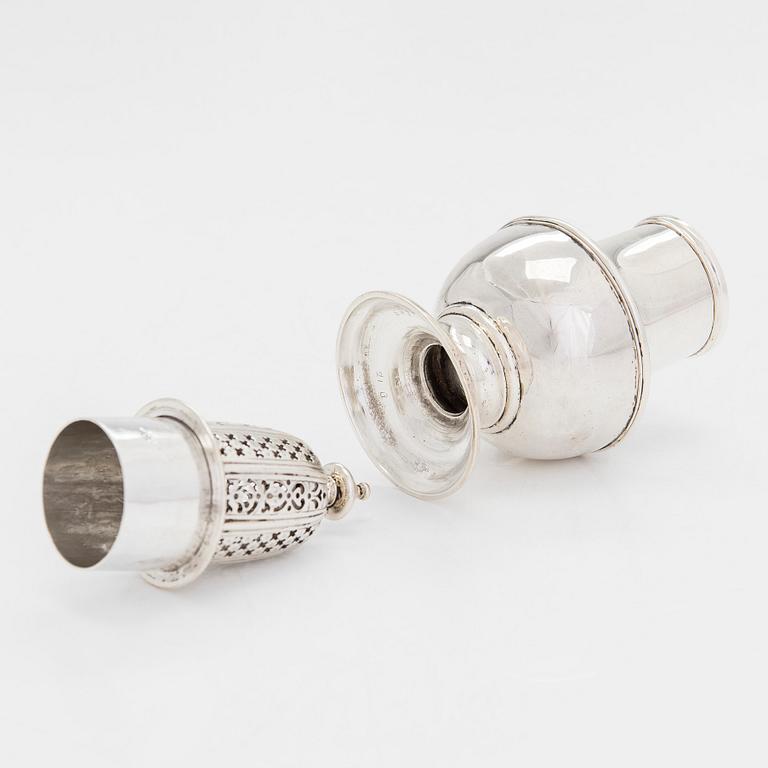 A George II sterling silver caster, maker's mark of Charles Alchorne, London 1730s, unclear year mark.