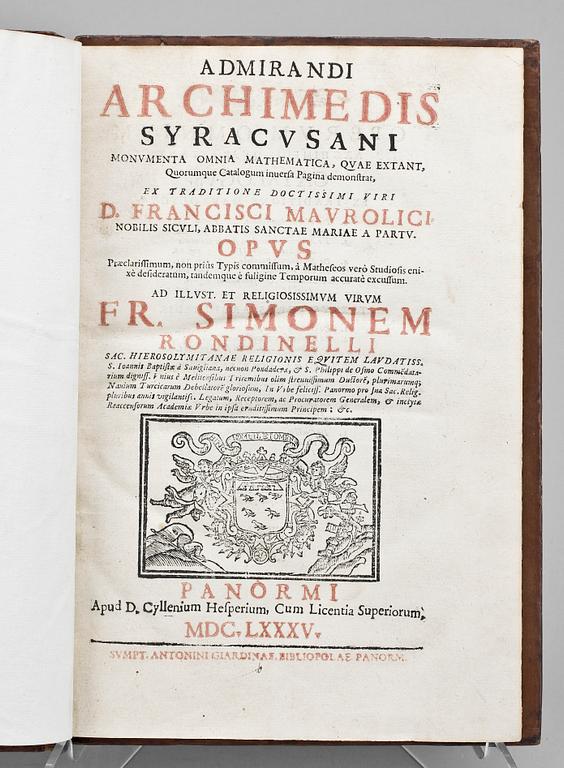 BOK, "Admirandi Archimedis Syracusani monumenta omnia..." red av Francisci Mavrolici, Panormi 1685.