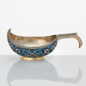 A Russian silver-gilt and cloisonné enameled kovsh, unidentified makers mark, St. Petersburg 1899-1908.