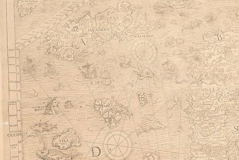 A reproduction of the 1539 Carta Marina by Olaus Magnus, printed in 1949 by Malmö Ljustryckanstalt, Sweden.