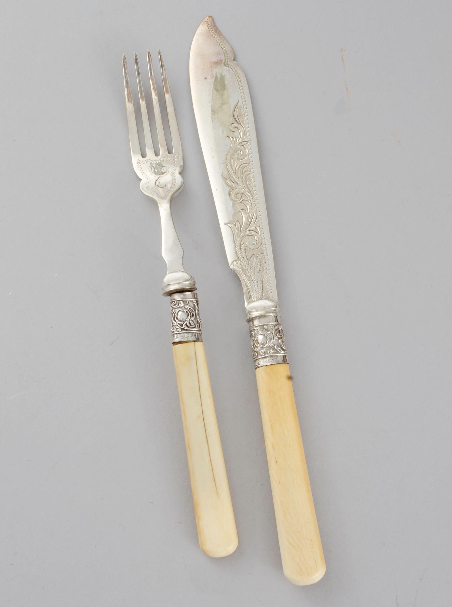FISKBESTICK, 24 st, silver, nysilver och ben, Sheffield, England, 1901.