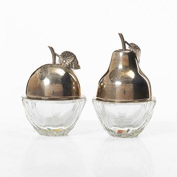 Two bowls with lids, glass and silver, 20th century.