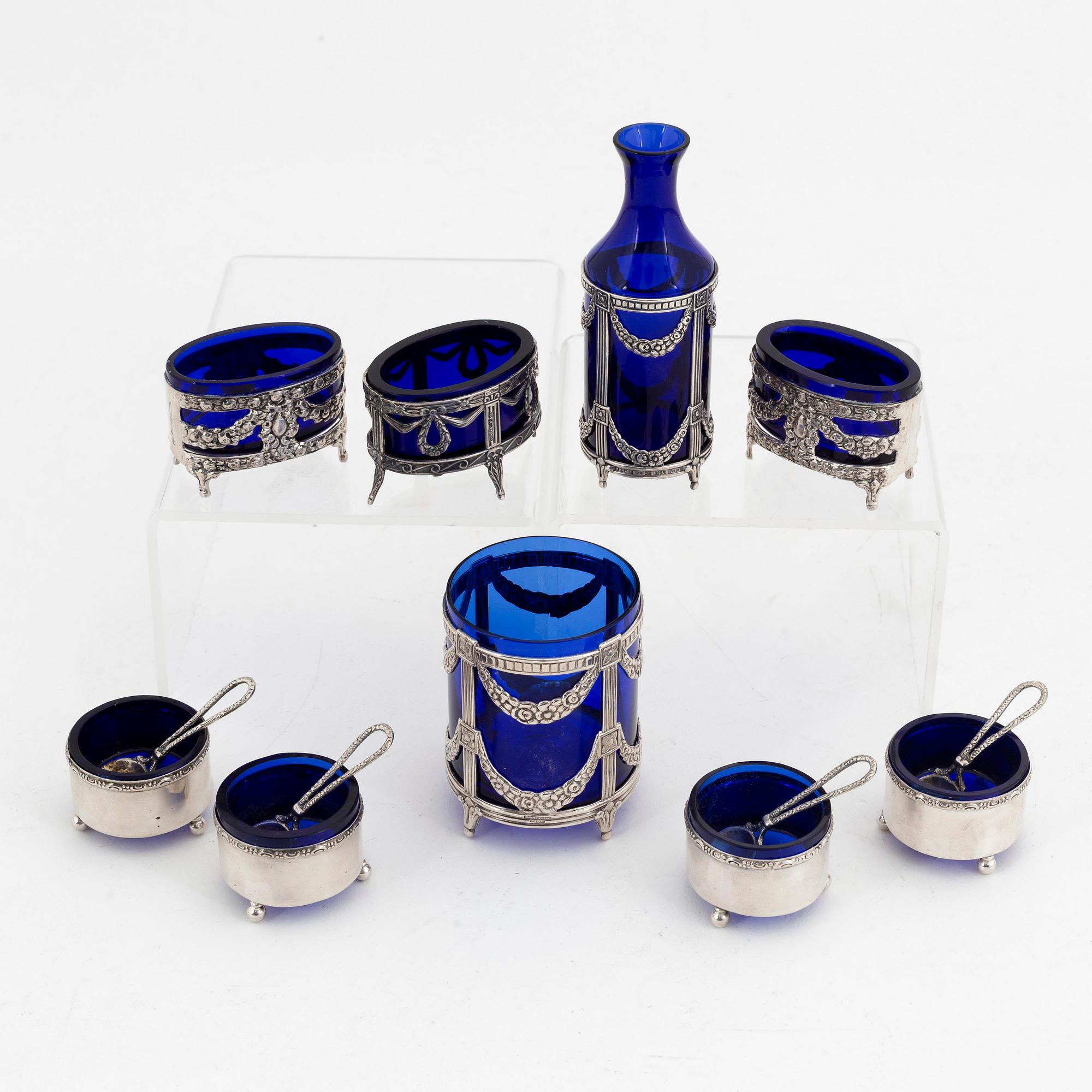 An 8-piece glass and silver late Gustavian style condiment set, including MEMA, Linköping, 1967.