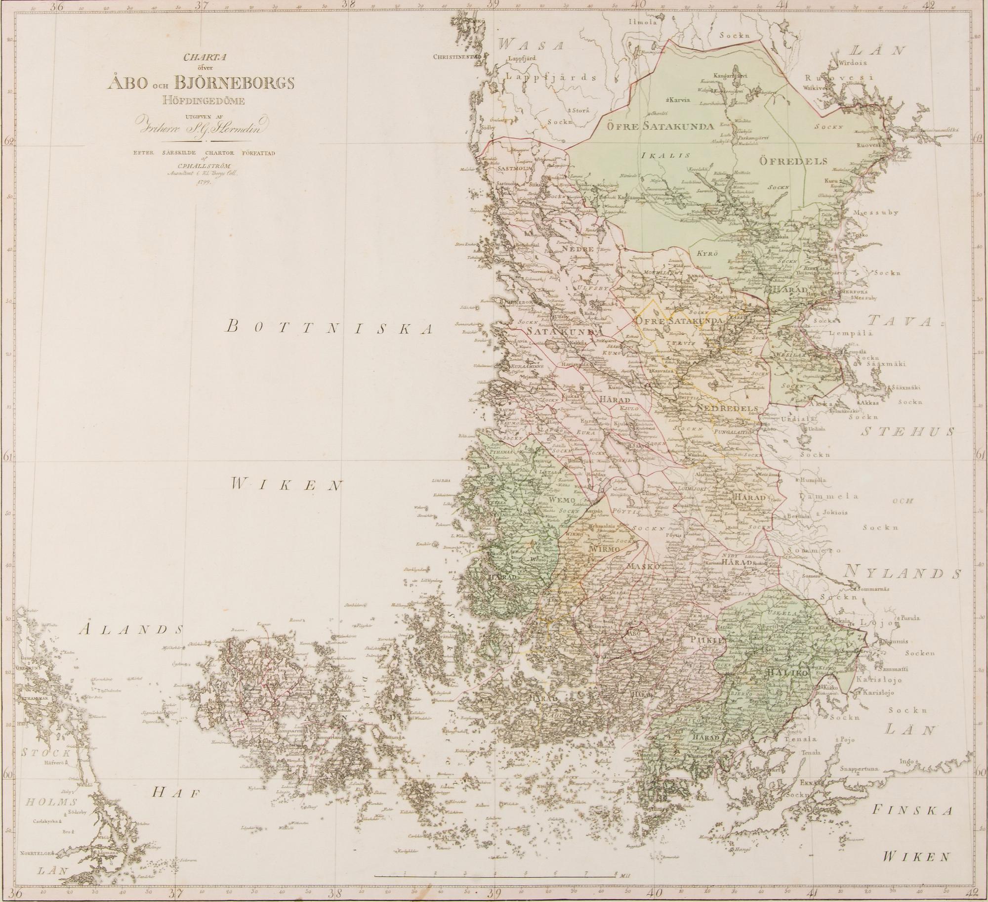 KARTA, Charta öfver Åbo och Björneborgs hövdingedöme, S.G.Hermelin 1799.