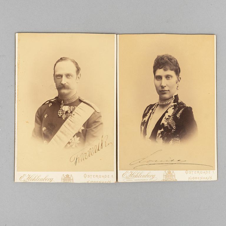 Royal photographs, 2 pieces, signed by Queen Louise and King Frederick VIII of Denmark as Crown Prince couple.1897.