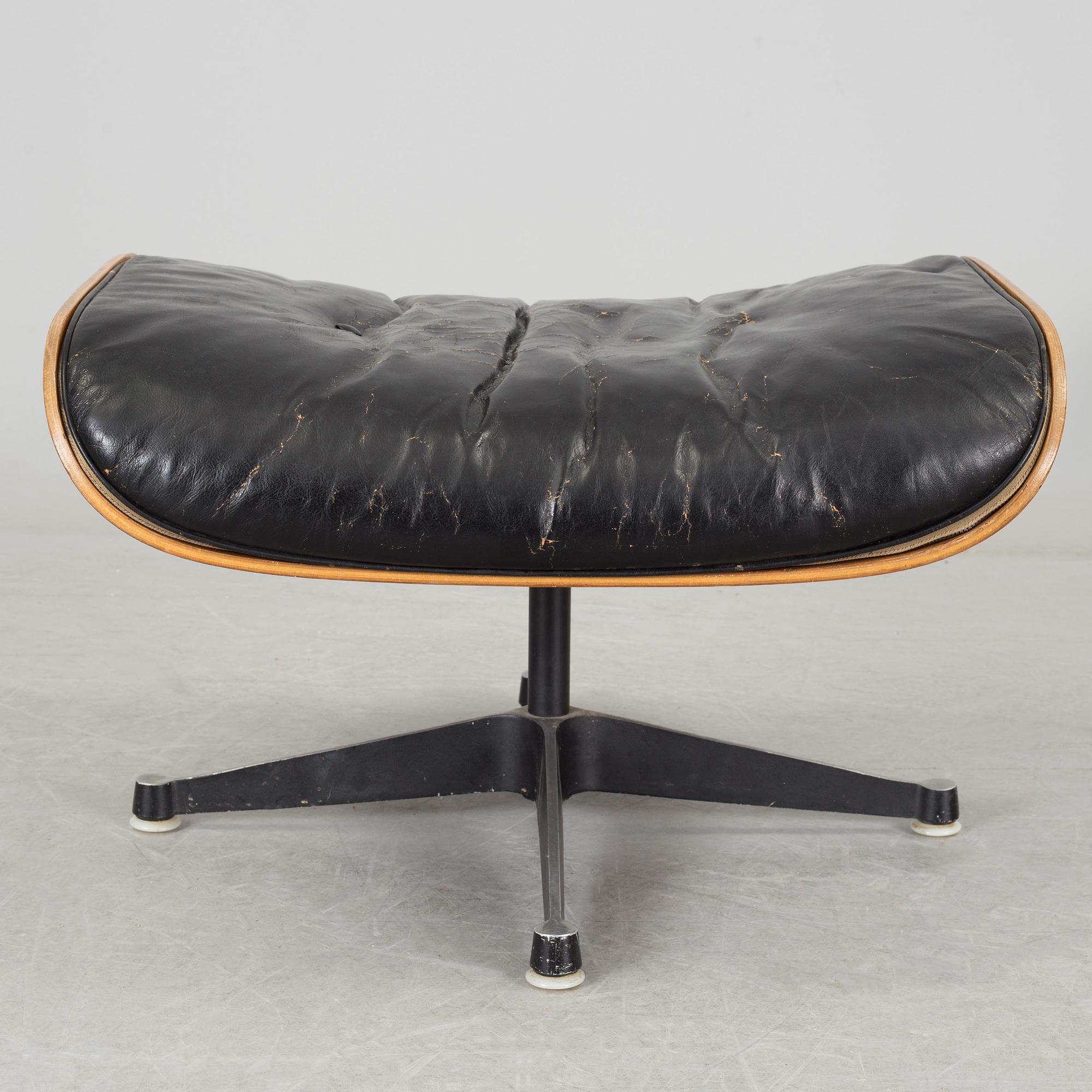An easy chair and ottoman by Charles & Ray Eames, Herman Miller, USA, produced with licence by Hille, London.