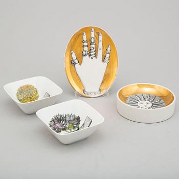 PIERO FORNASETTI, a porcelain ashtray, a jewelry dish and a pair of 'Botanica Pratica' bowls, Milan, Italy.