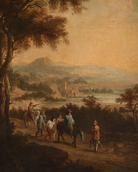 Jacques d'Arthois Tillskriven, Vidsträckt landskap med vakter och fånge.
