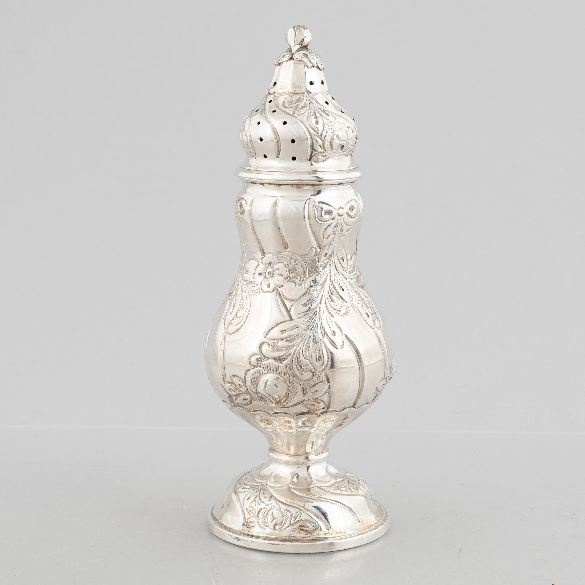 A Rococo style silver sugar caster, Swedish import marks, 20th Century.