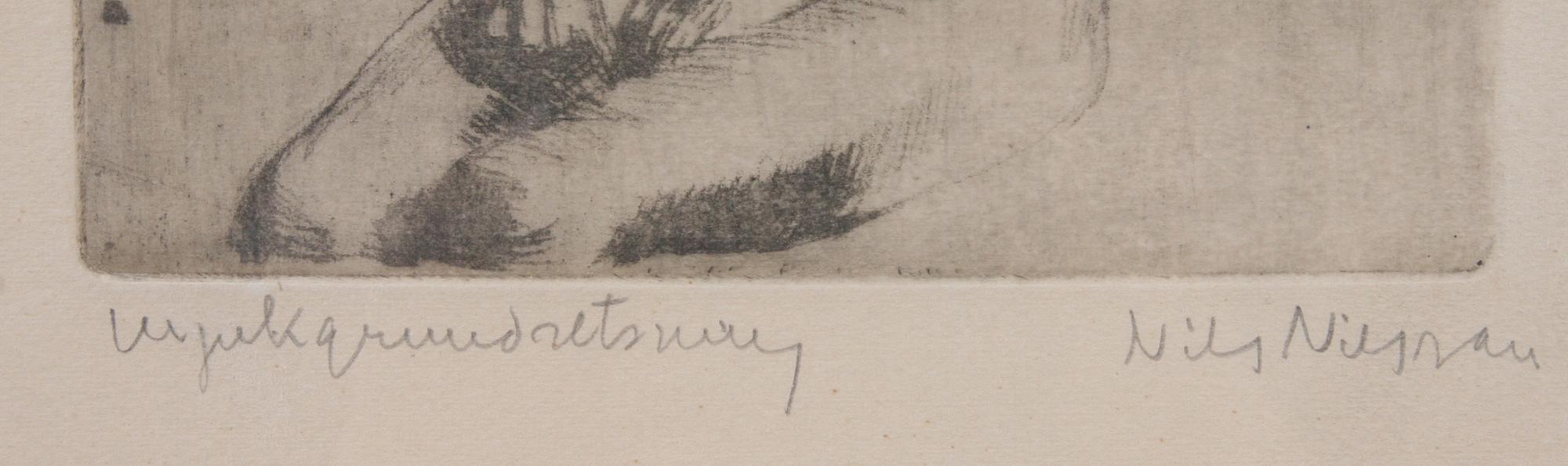 NILS NILSSON, etsningar, 2 st, sign (en dedikerad).