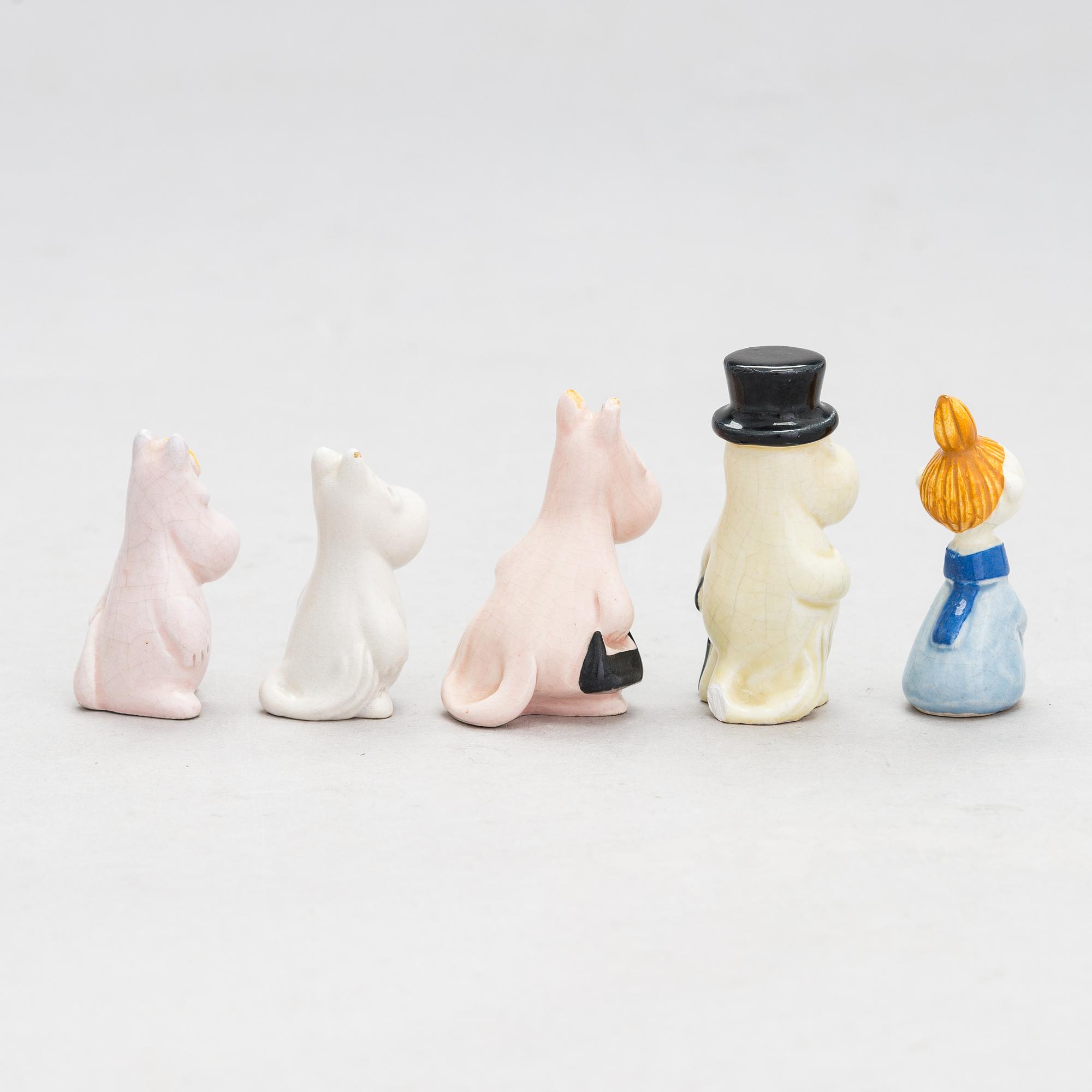 Leo Tykkyläinen, five 1950s ceramic Moomin figurines, Finland.