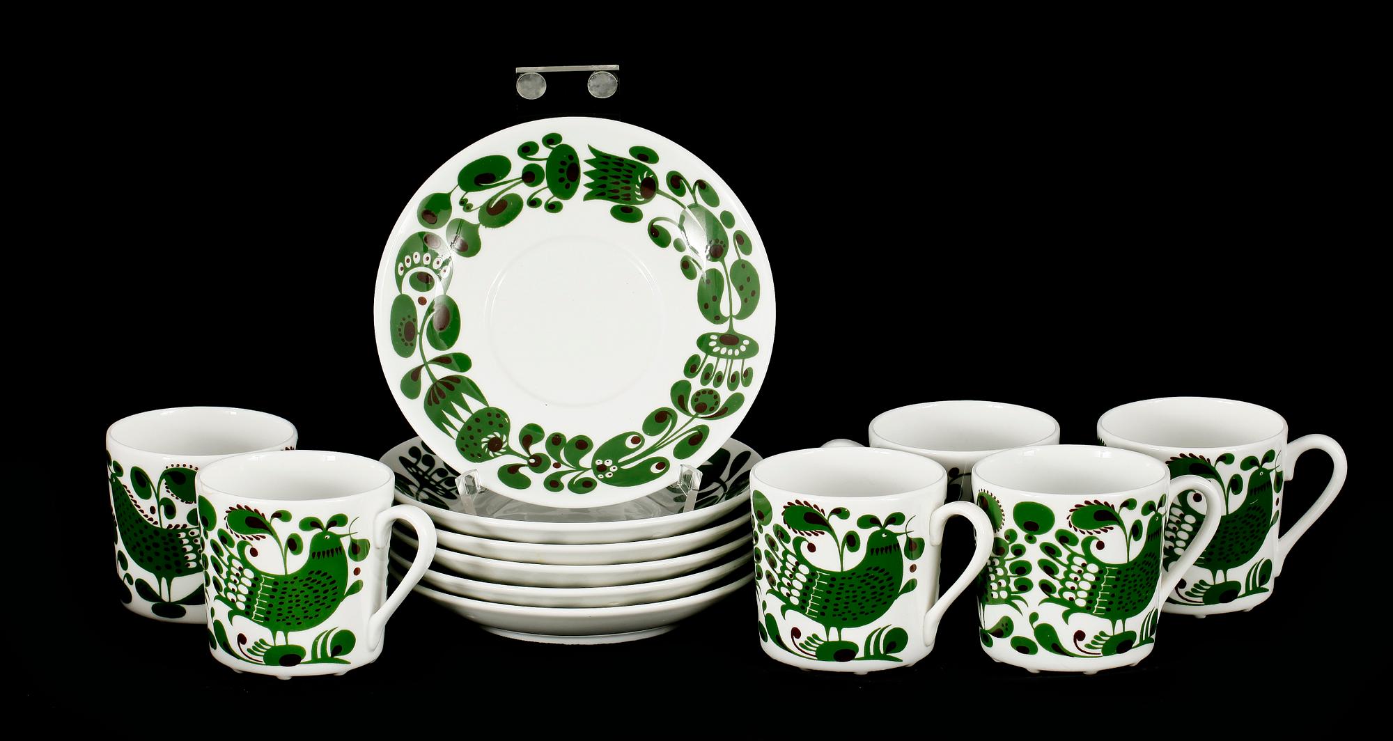 KAFFEKOPPAR MED FAT, 6 st, porslin, Turtur, Stig Lindberg Gustavsberg.