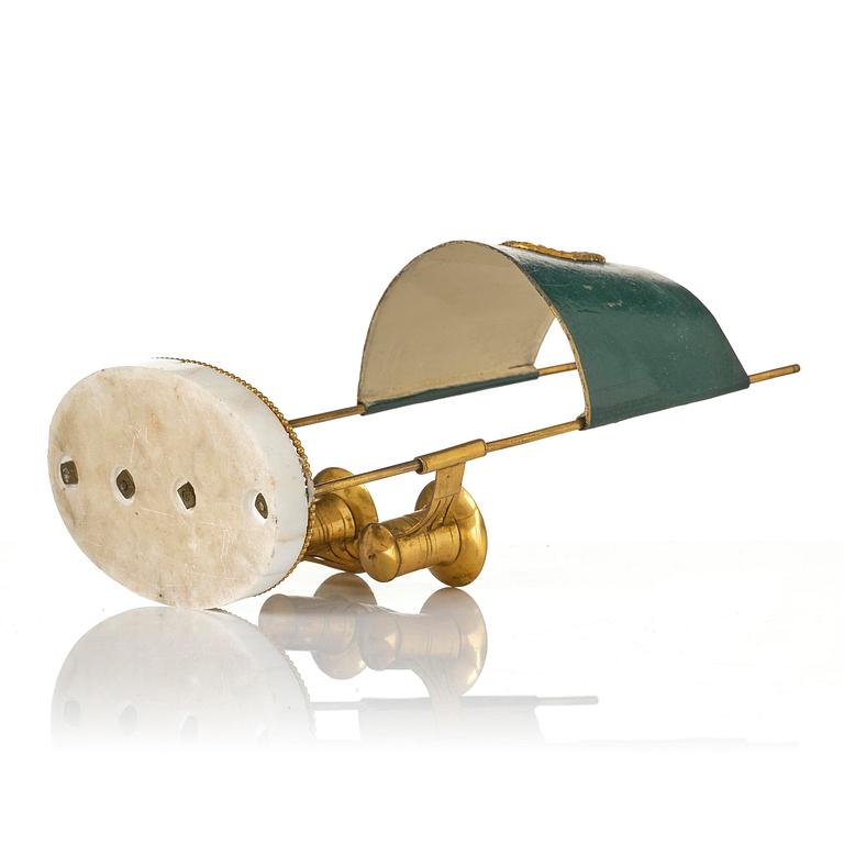A late Gustavian gilt brass, marble and tole reading lamp, late 18th century.