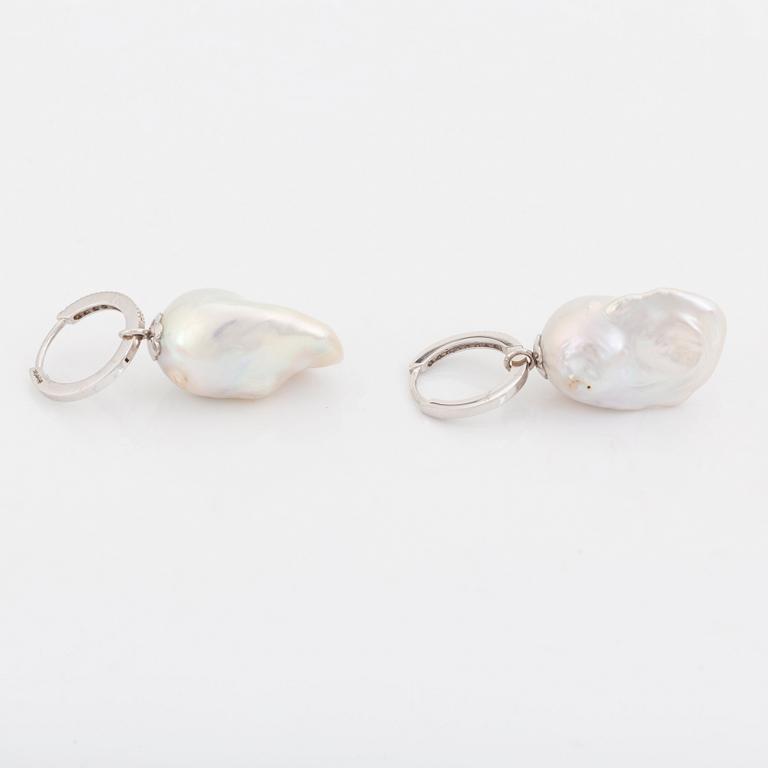 Freshwater pearl and brilliant-cut diamond earrings.