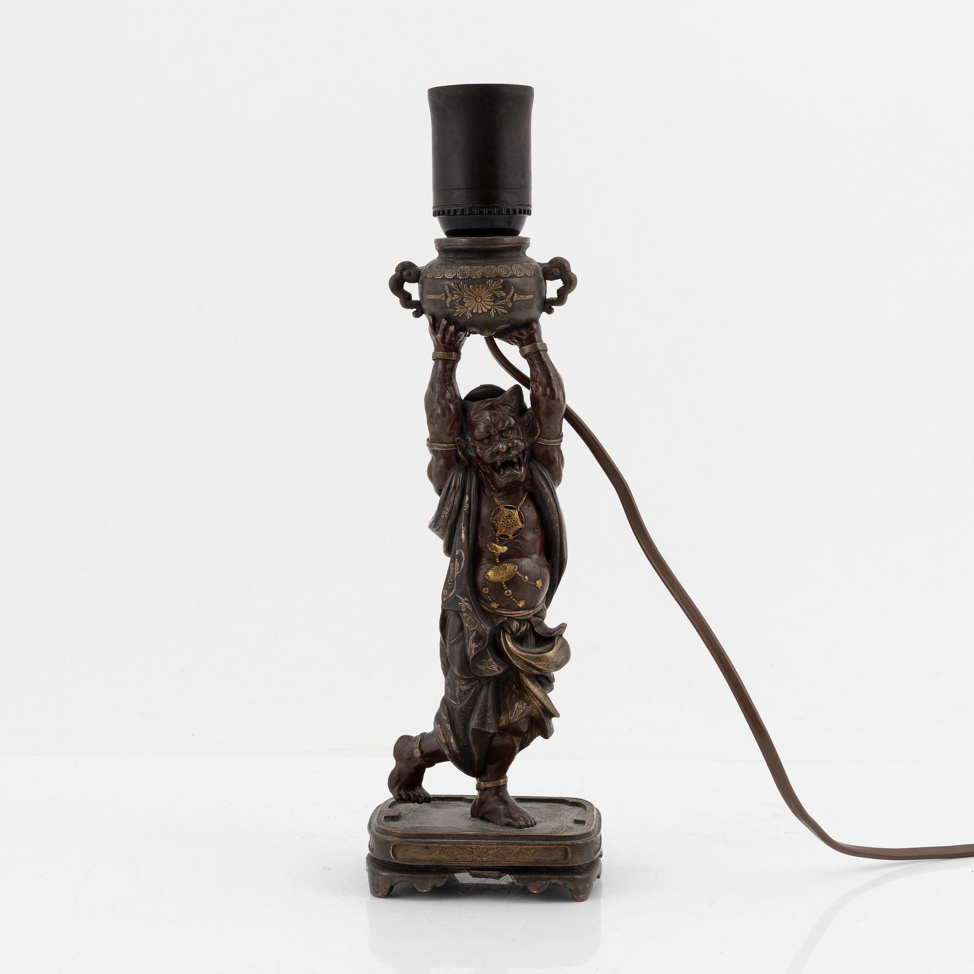 A Japanese bronze censer remodelled in to a lamp, Meiji period (1868-1912).