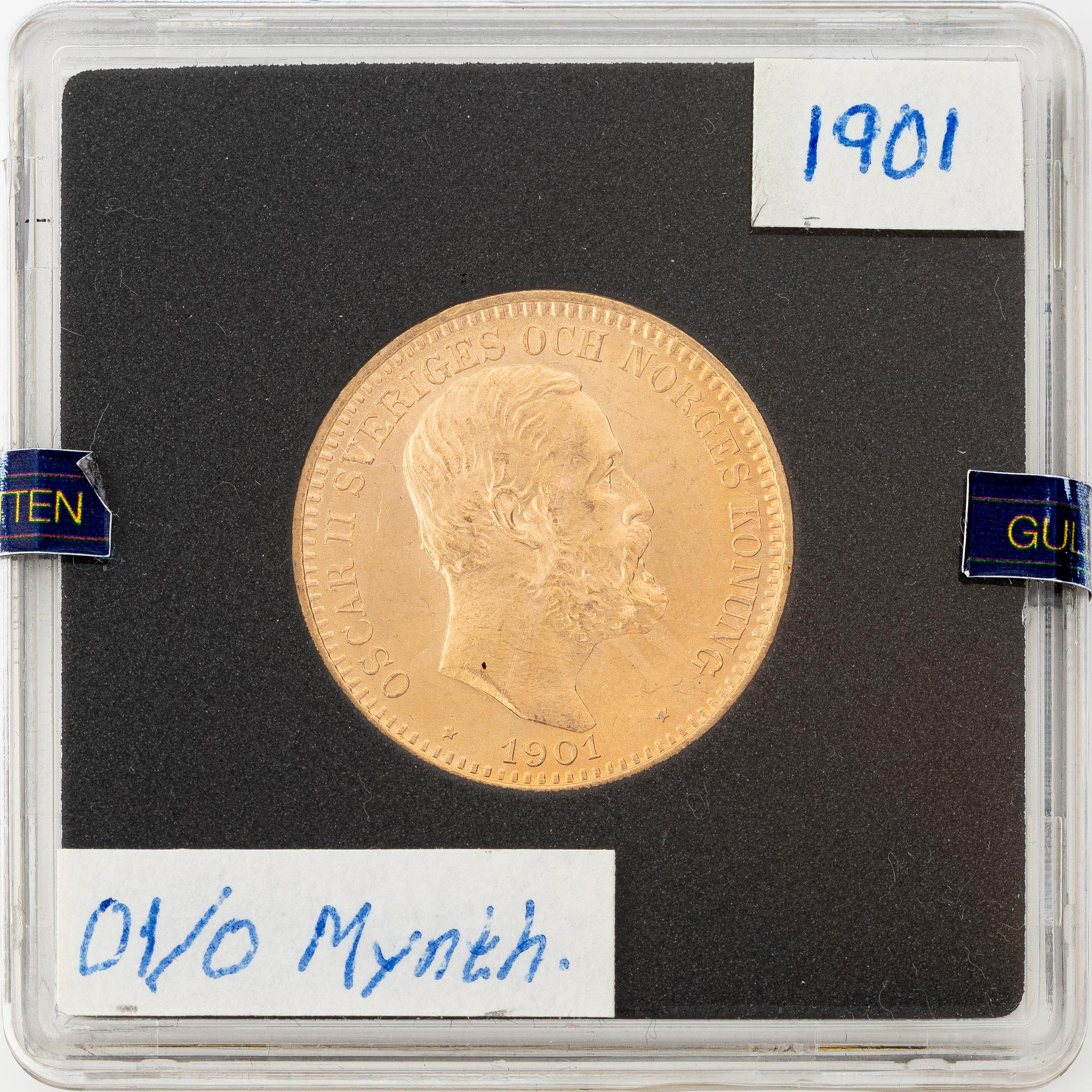 Guldmynt, Oscar II, 20 kronor, typ IV, Sverige 1901.