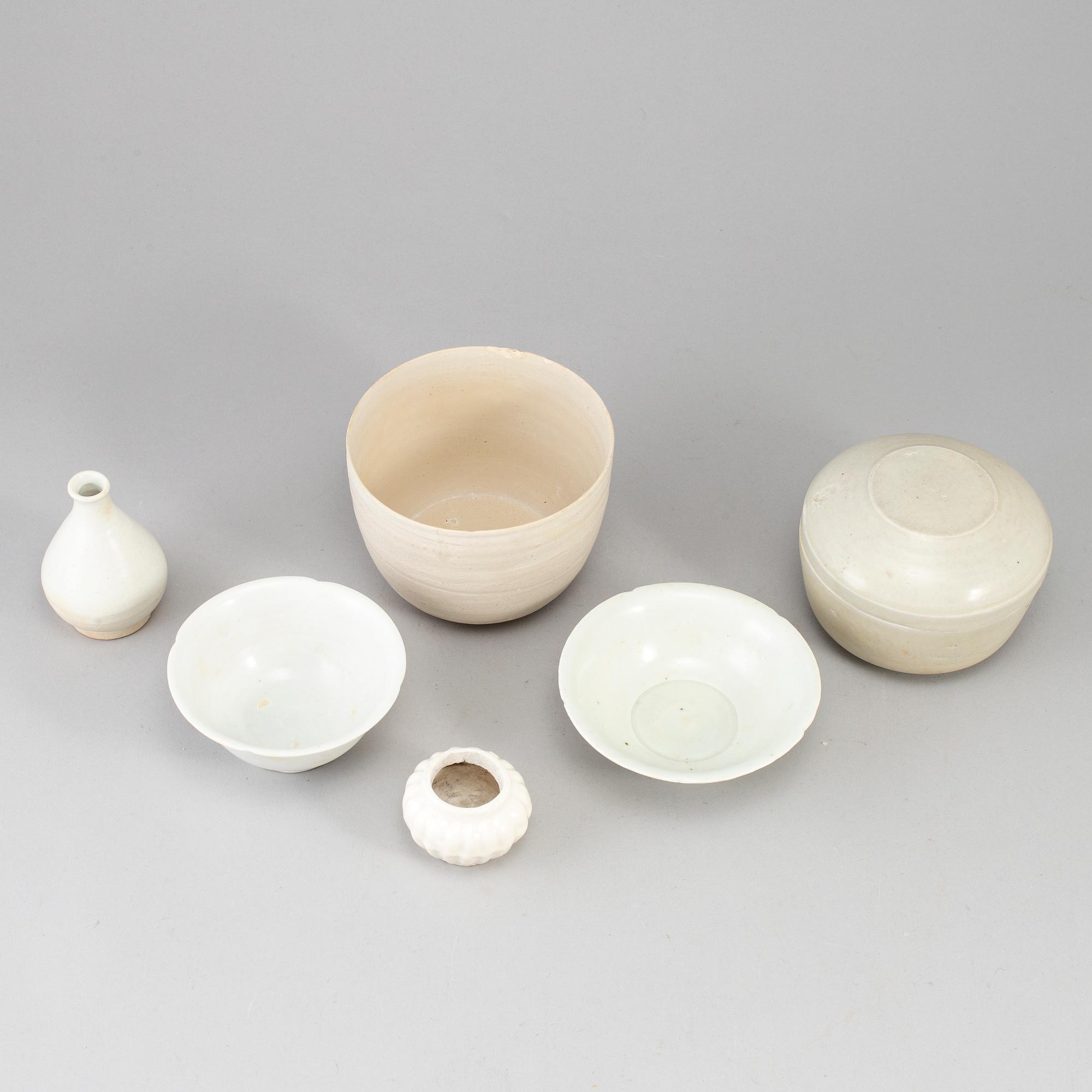 A group of white glazed South East Asian ceramics, Song style, 20th Century. (6 pieces).