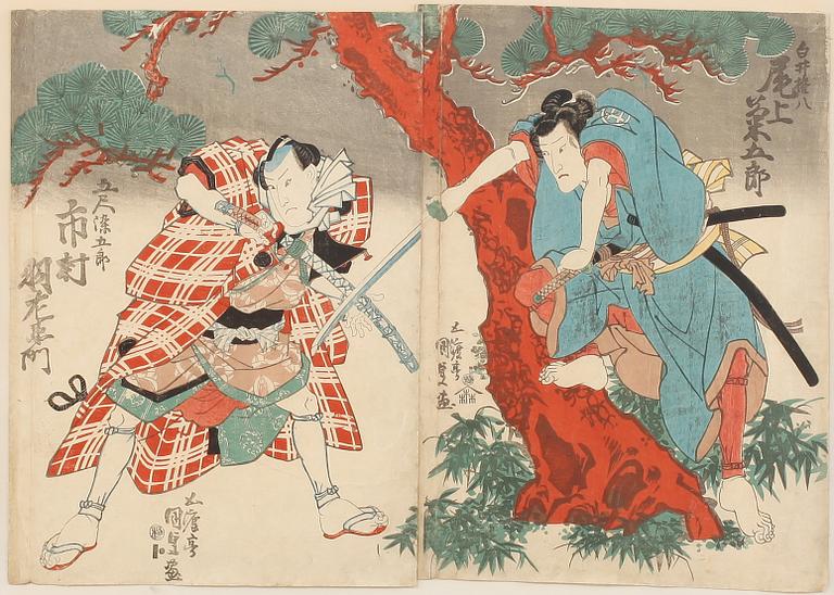 UTAGAWA KUNISADA KOCHORO TOYOKUNI III, träsnitt, 2 st, Japan, 1800-tal.