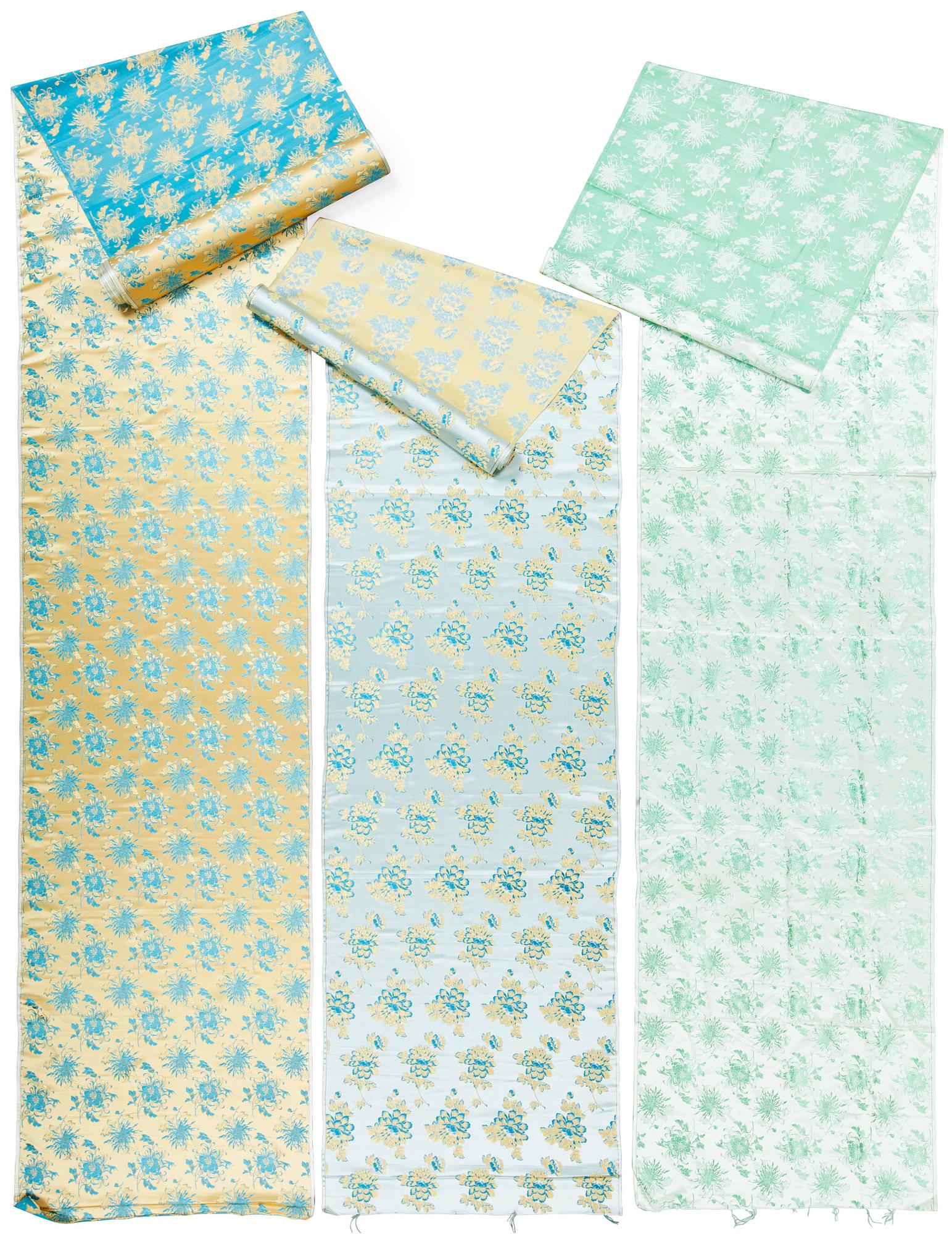 Three Chinese silk fabric rolls. 341,5 x 69 cm, 899 x 68 cm and 1290 x 68,5 cm.