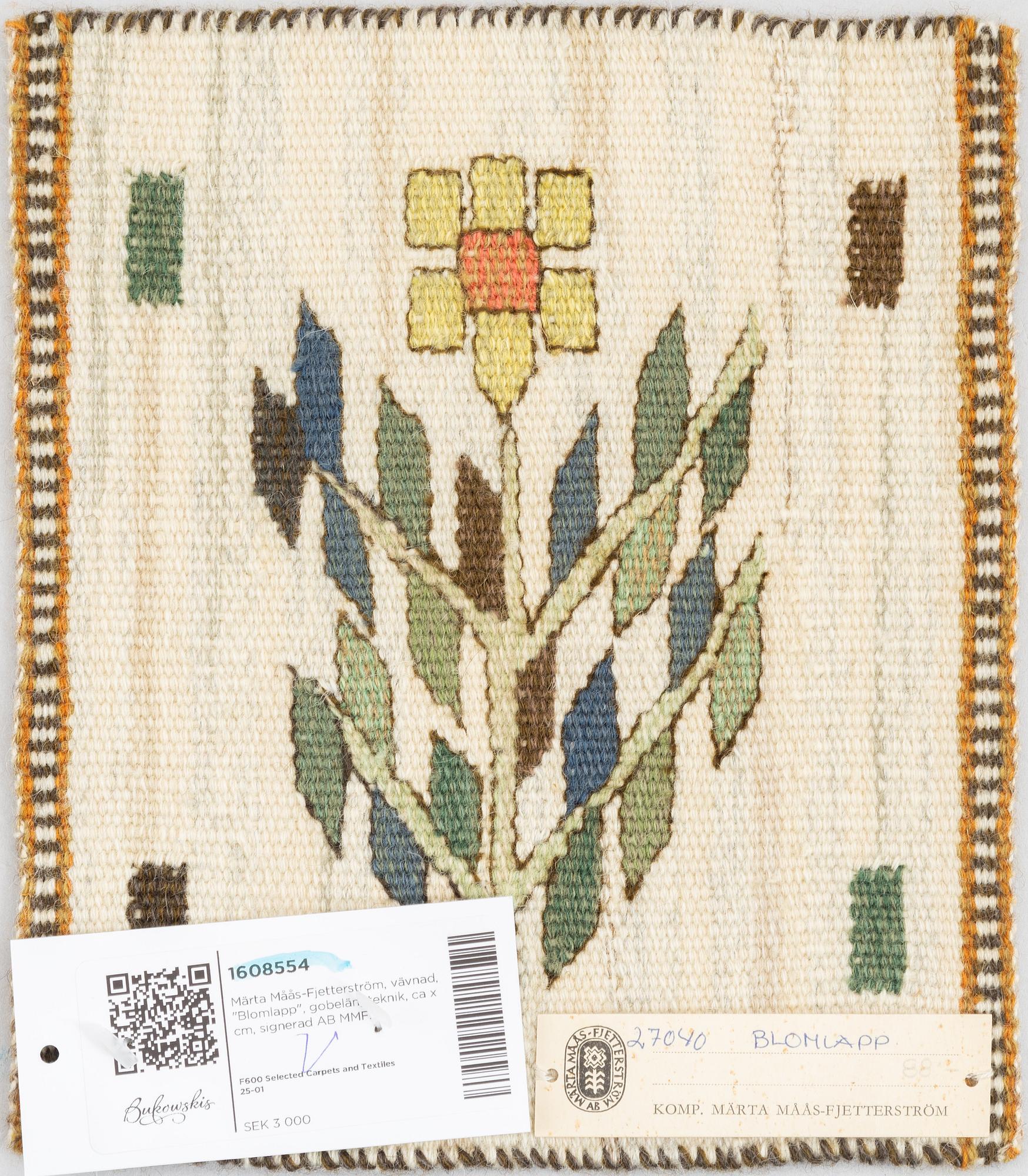 Märta Måås-Fjetterström, a textile "Blomlapp", tapestry weave, c 25 x 21,5 cm, signed AB MMF.