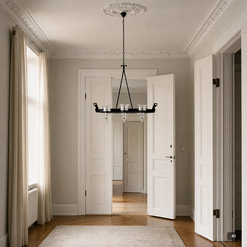 Bertil Vallien, a black metal and glass chandalier for six lights, 20th century.