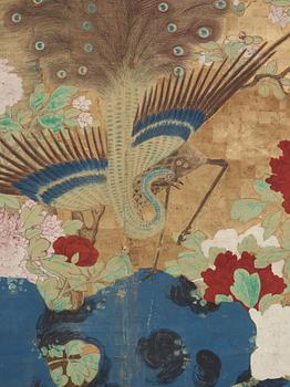 A hanging scroll of a peacock in a garden, Qing dynasty, presumably 19th century.