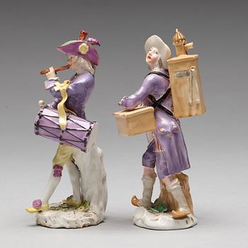 Two porcelain figurines of musicians, after Meissen, 19th Century.